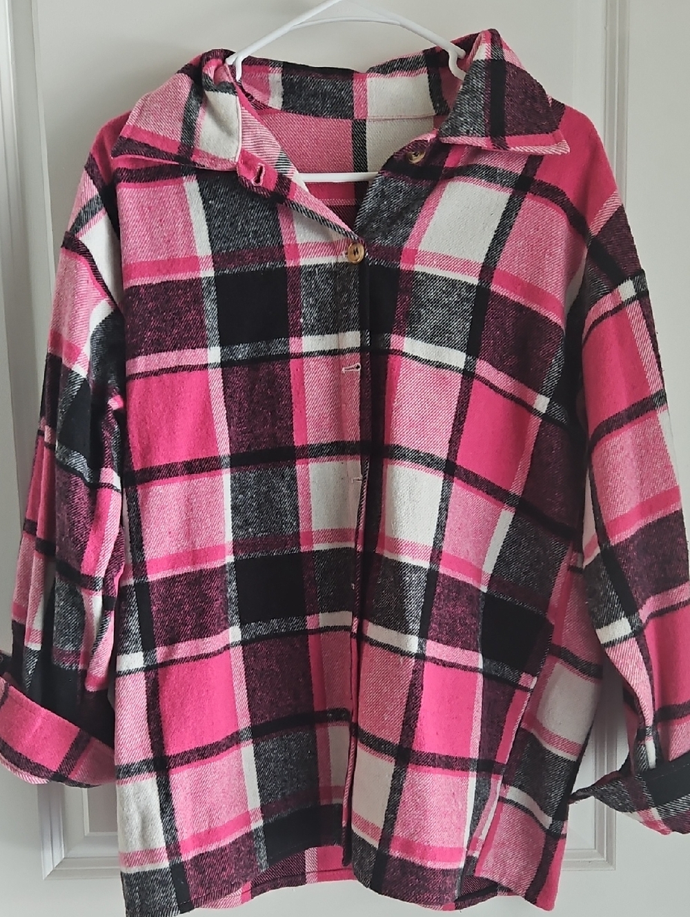 Pink Black White Plaid Button-Front Shacket